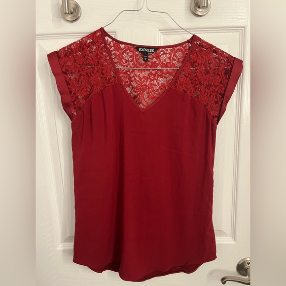 Express Tops - Express Crimson Lace Accent Portifino Blouse